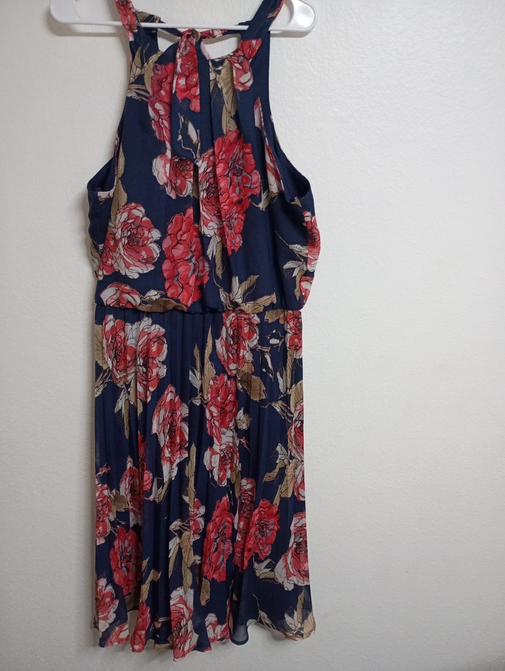 Navy Floral Halter Midi Dress with Red Blooms